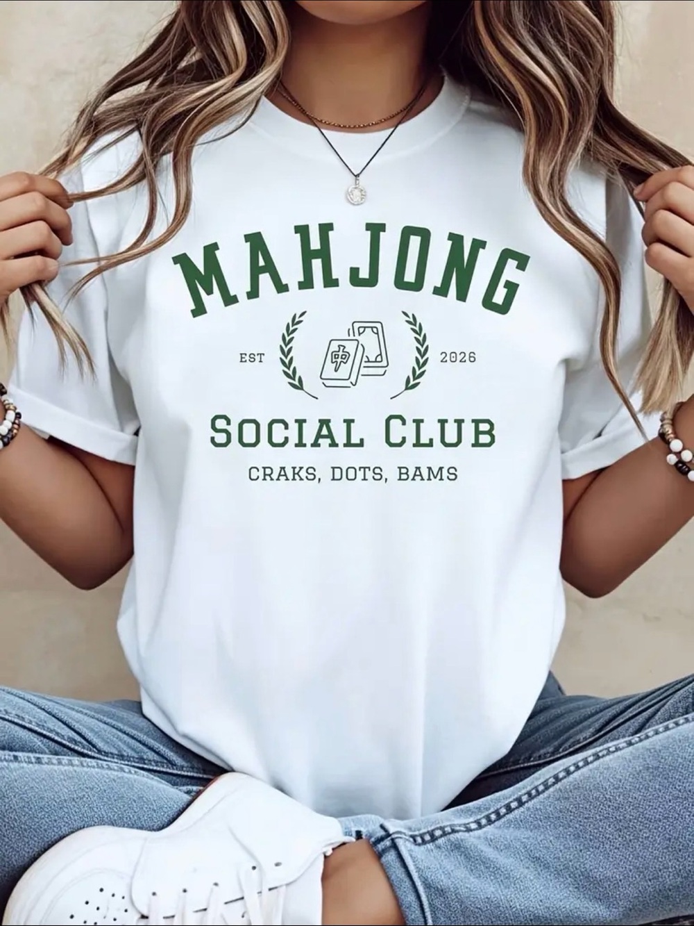 Mahjong Social Club Graphic Tee - White with Green Print